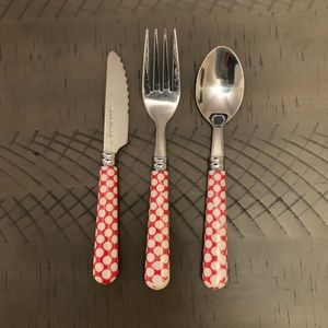 Pottery Barn Kids Red/white 3pc utensils set (fork, knife and spoon)